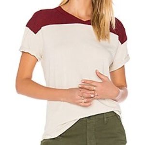 THE GREAT. The Athletic Tee in Washed White & Red Maroon Burnout Rolled Sleeve 0